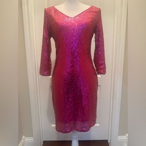 Lulus magenta 3/4 sleeve v neck sequin dress size medium